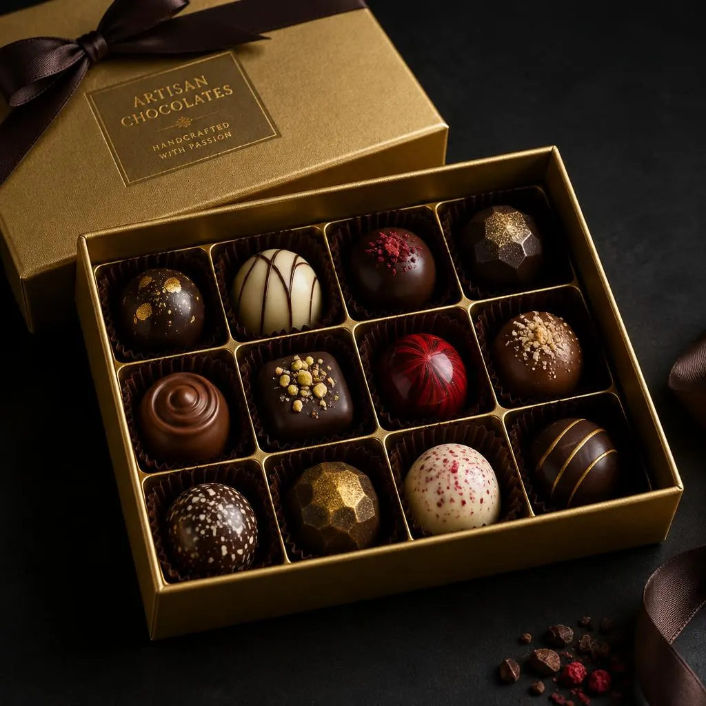 A dozen handmade Syrian chocolates in a gold box